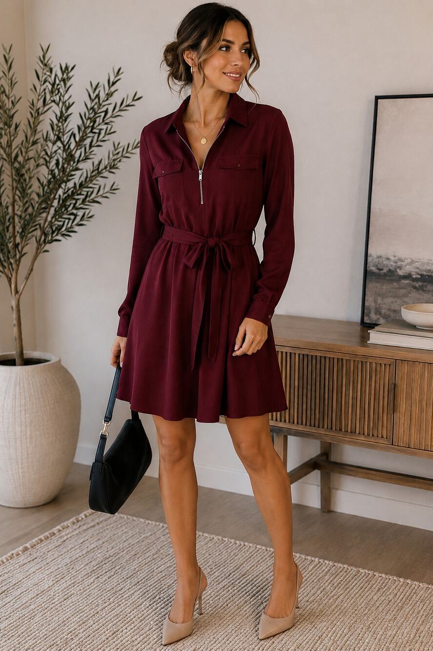 Express Burgundy Wine Utility Shirt Dress Long Sleeve Tie Waist Size M